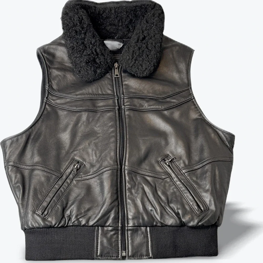 Knoles & Carter‎ Italian Lamb Skin Leather Vest Womens Black Faux Fur Collar XL